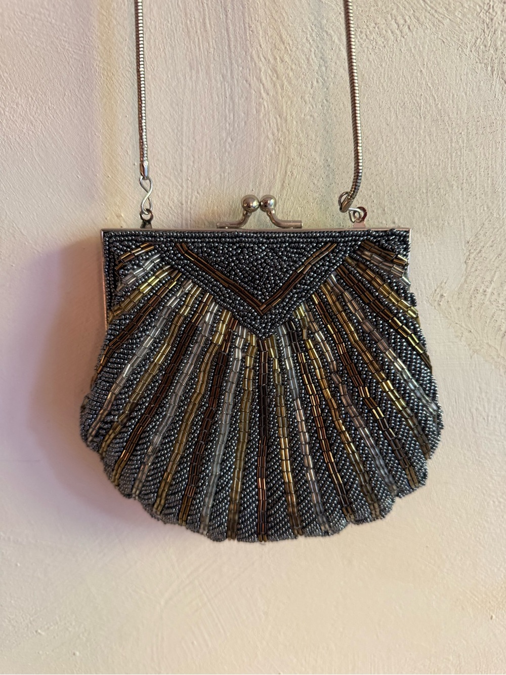 Vintage Beaded Shell Evening Bag Gunmetal Gold Bronze Art Deco Kiss Lock Purse